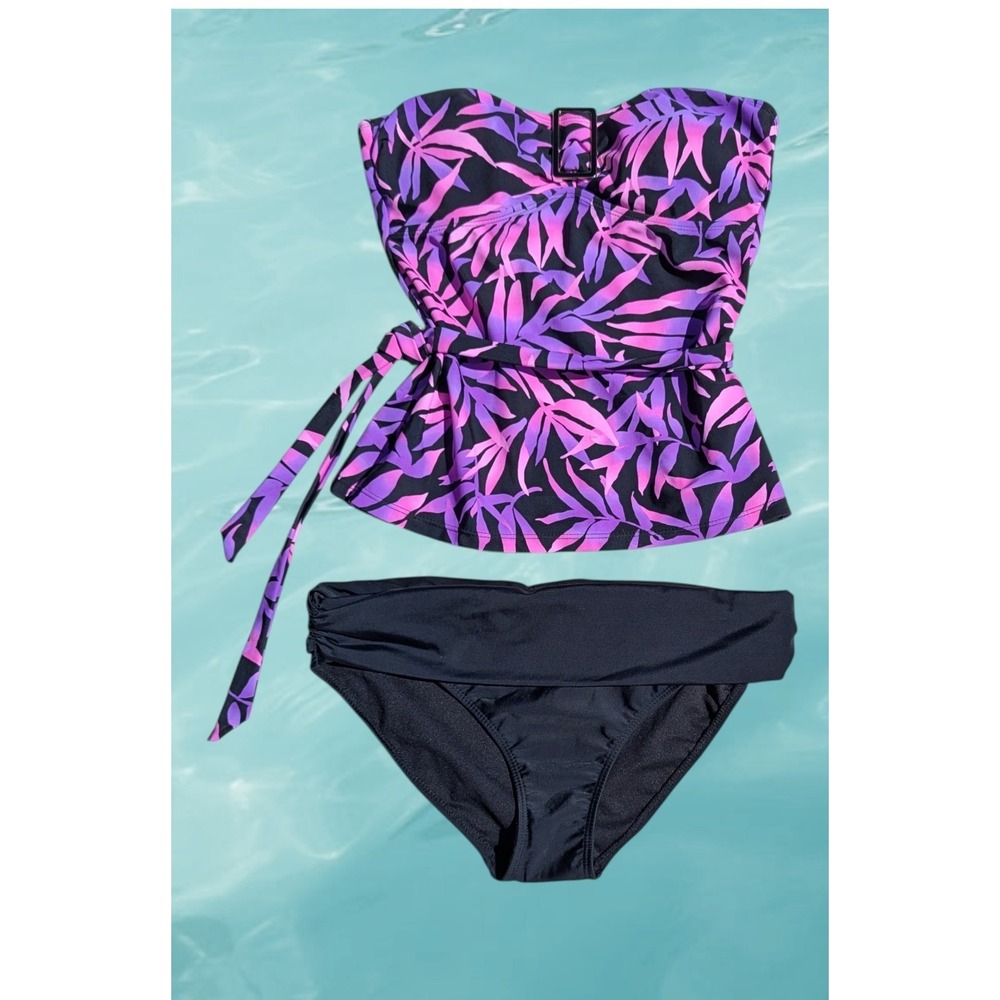 Island Escape Boned Bandini Tankini Swimsuit 2pc Bikini Size 6 Purple Tropical